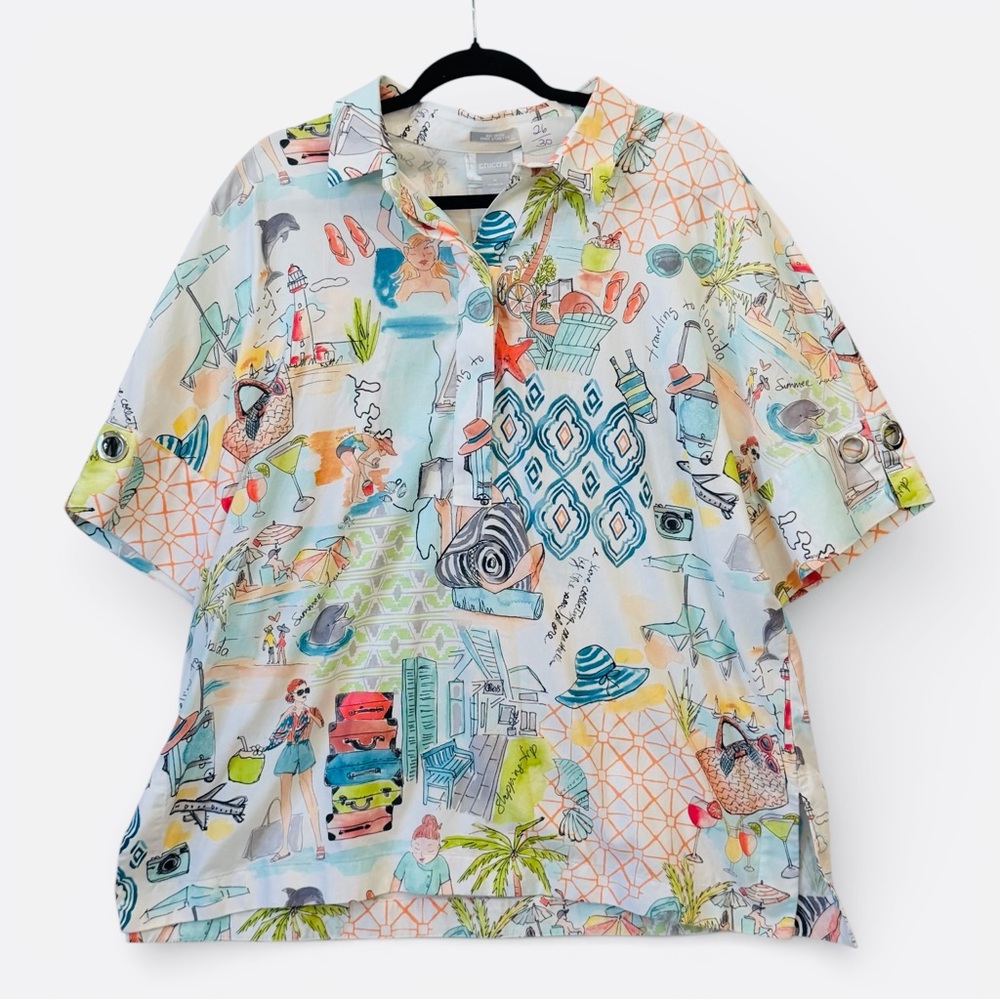 Chico’s No Iron Chic Travel Print Button Down Top Size 4 (US 20) Vacation Blouse